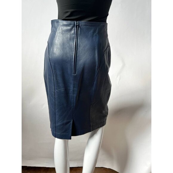 Mario Zarelli Womens Leather Pencil Skirt Blue Knee Length Lined 8 - Picture 2 of 11